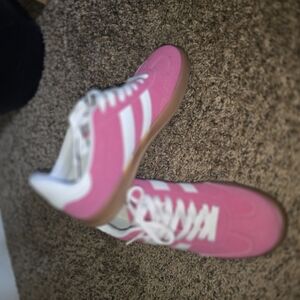 Adidas Pink and White Sneakers with Signature Stripes